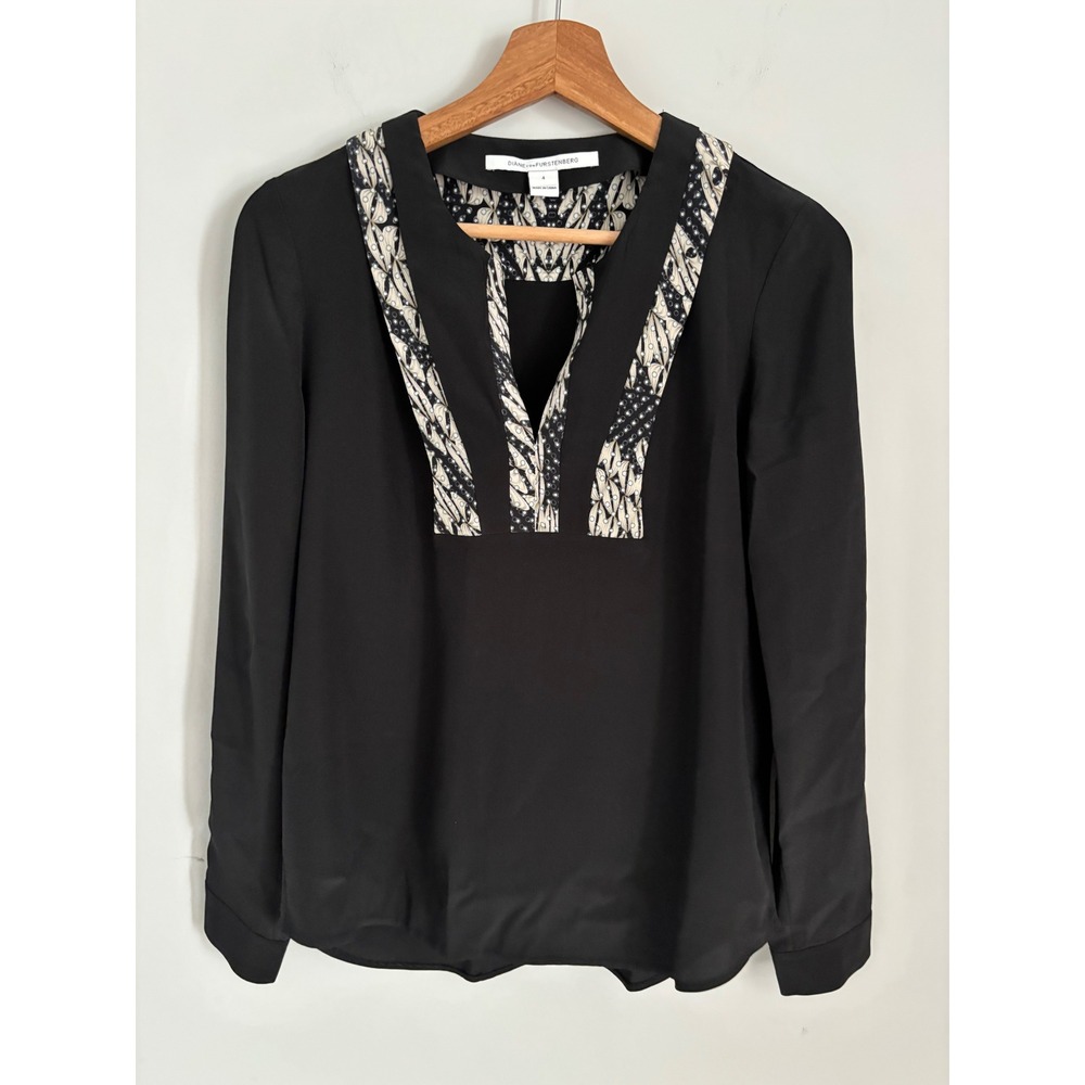 Diane von Furstenberg Windona Black Pattern Trim silk Long Sleeve Blouse Top 4